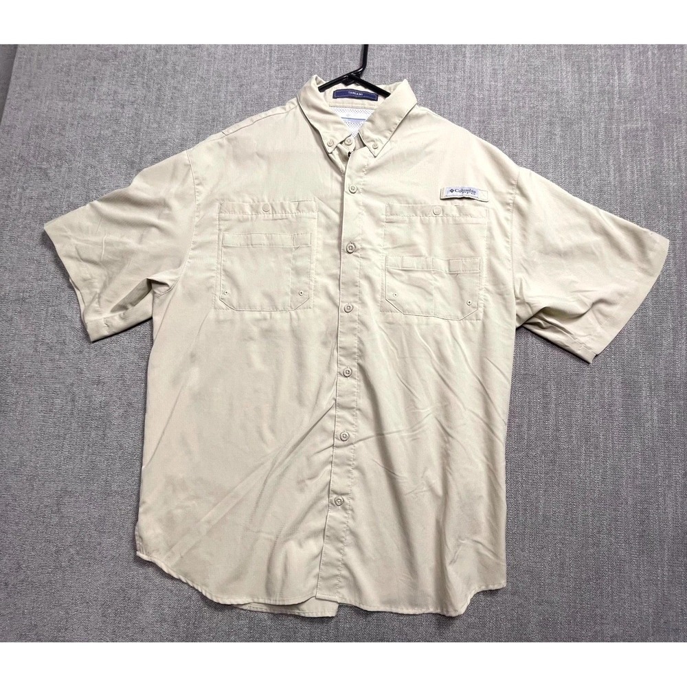 Columbia PFG Tamiami II Fishing Shirt Mens L Beige Allied Fire Protection Logo